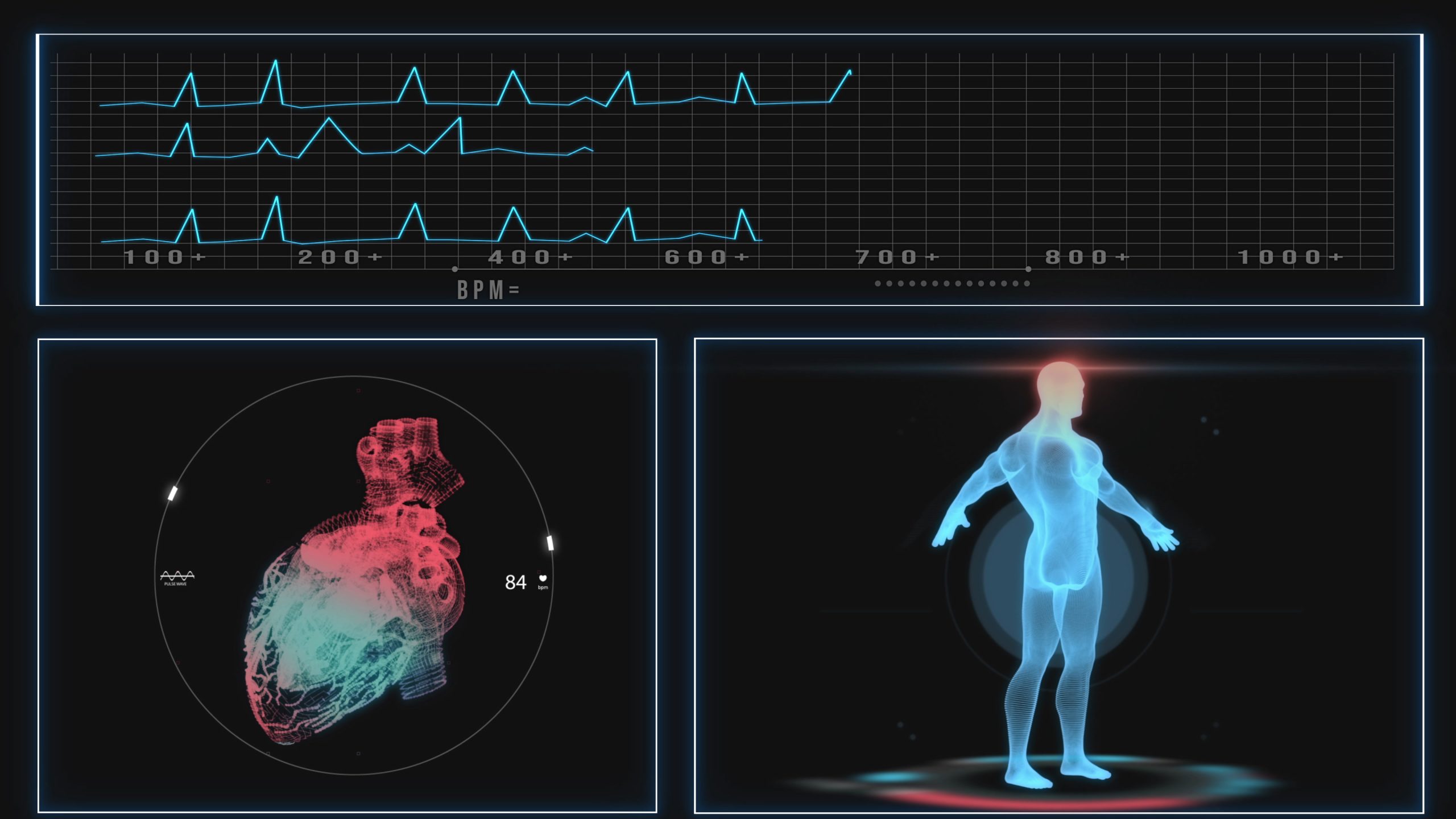 Human heart scan animation. Heart anatomy with futuristic interface. Hospital research. Futuristic hi-tech screen. Holographic medical application interface. Seamless loop